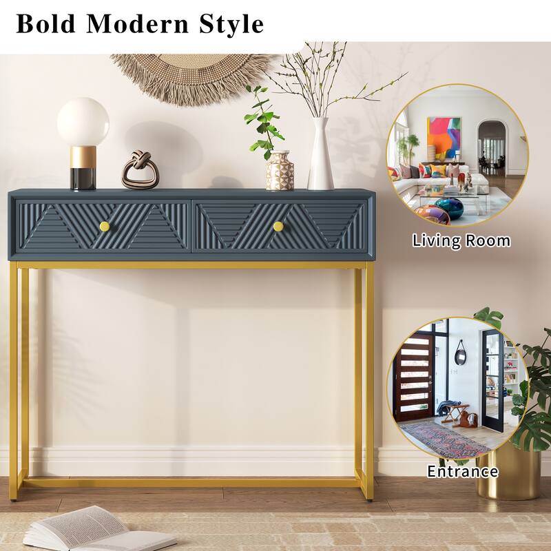 38" Modern Console Table with Two Drawers and Gold Metal Base for Entryway, Living Room