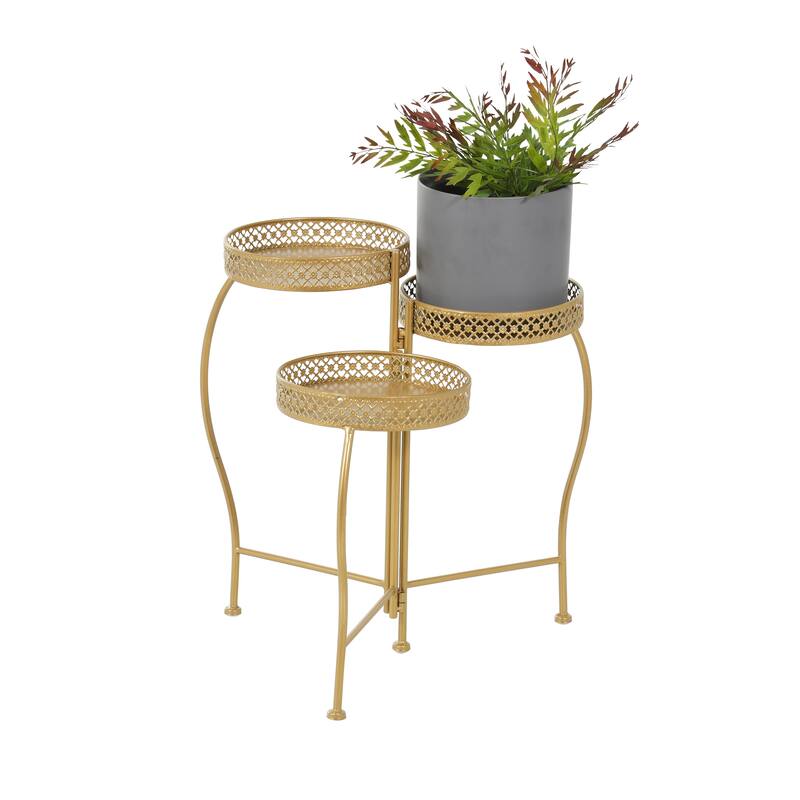 Gold Metal Curved Folding 3 Tier Indoor Outdoor Plantstand with Floral and Scroll Patterns