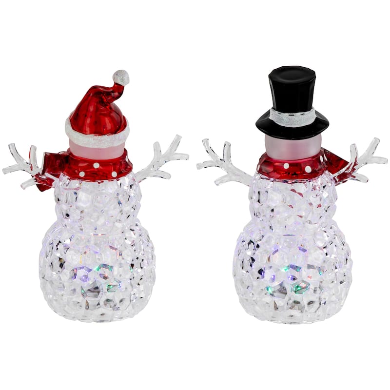 Lighted Acrylic Snowmen Christmas Decorations - 9" - LED Multicolor Lights - Set of 2