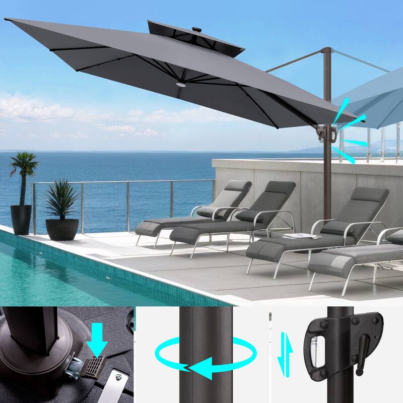 VredHom 11X11 FT Outdoor Square Cantilever Patio Umbrella Aluminum Solar LED Light with HDPE Base