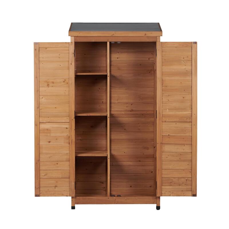 Outdoor Wooden Storage Shed with Metal Top Tall Vertical Tool Cabinet for Backyard Garden Patio Lawn