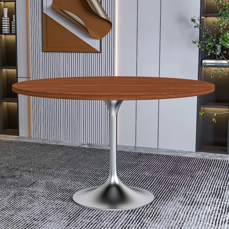 LeisureMod Verve 48" Round Dining Table with MDF Wood TableTop and Brushed Chrome Base for Kitchen & Dining Room