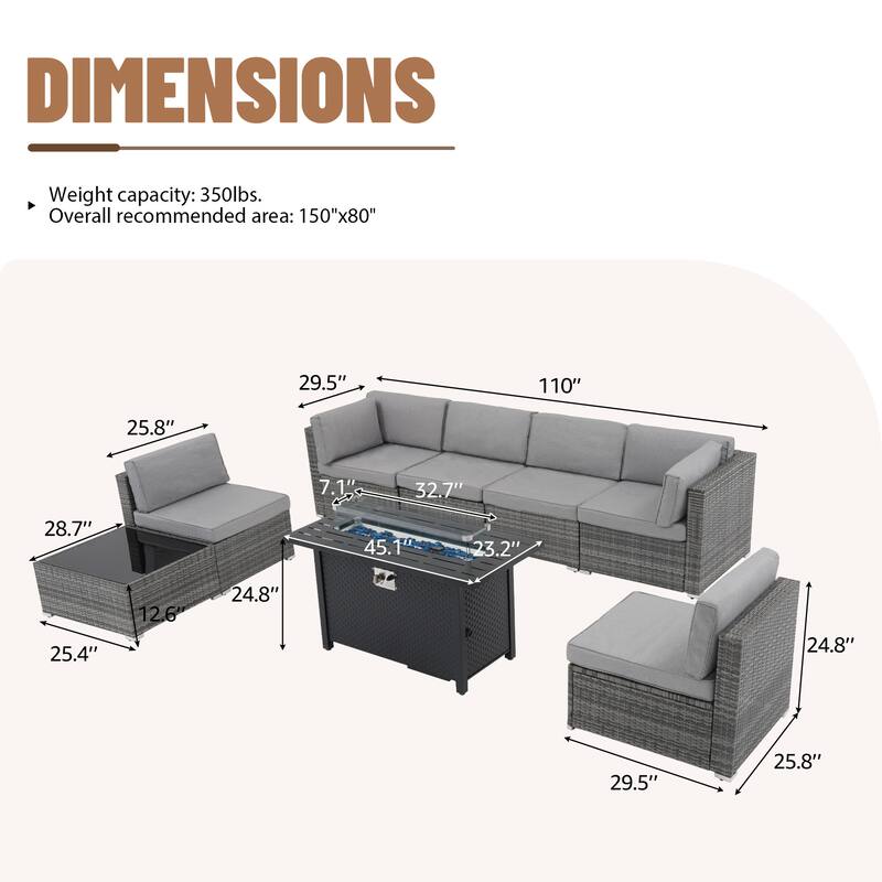 Outdoor Wicker Sectional Sofa 8-Piece Set with Fire Pit Table