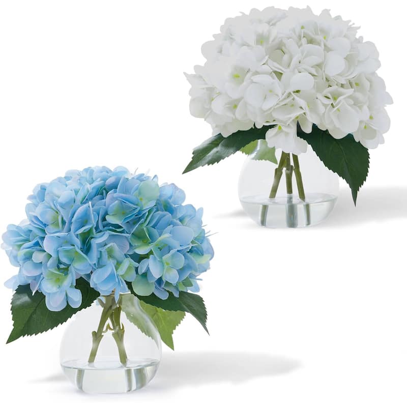 2 Pack Artificial Hydrangea Flowers in Glass Vase with Faux Water for Home Decor - 2 pcs - Blue+White