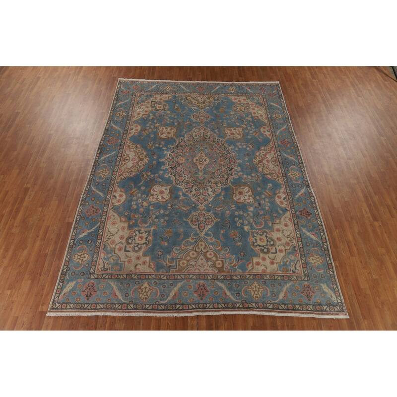 Distressed Blue Tabriz Persian Antique Area Rug Handmade Wool Carpet - 9'3" x 12'8"