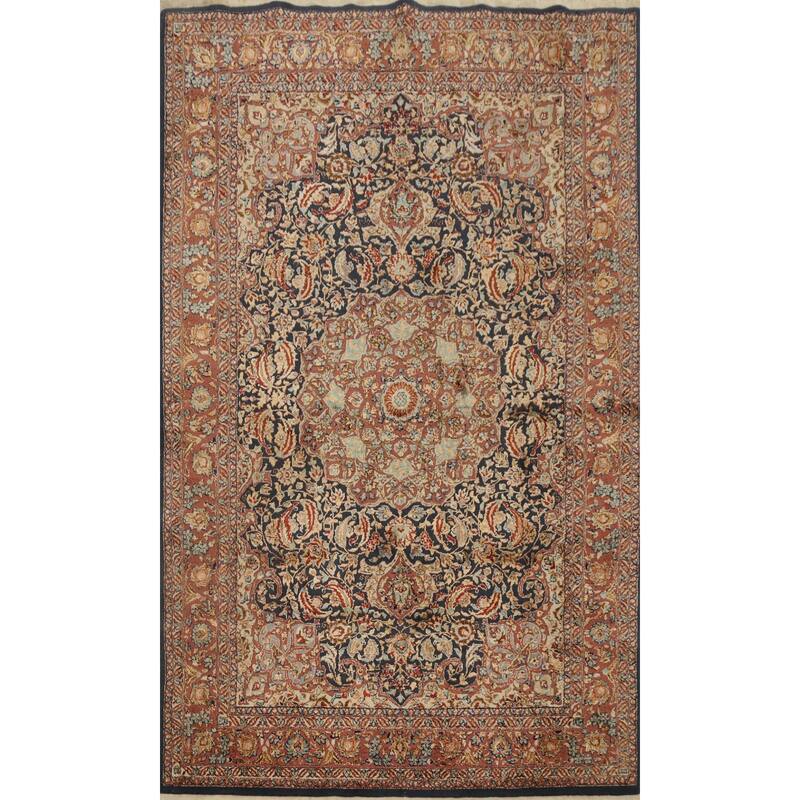 Hand Knotted Oriental 100% Silk Carpet Traditional Floral Navy Blue & Blues Hereke Area Rug - 6' 0'' X 4' 0''