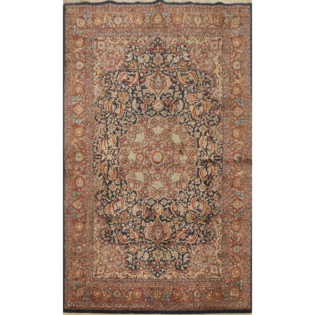 Hand Knotted Oriental 100% Silk Carpet Traditional Floral Navy Blue & Blues Hereke Area Rug - 6' 0'' X 4' 0''