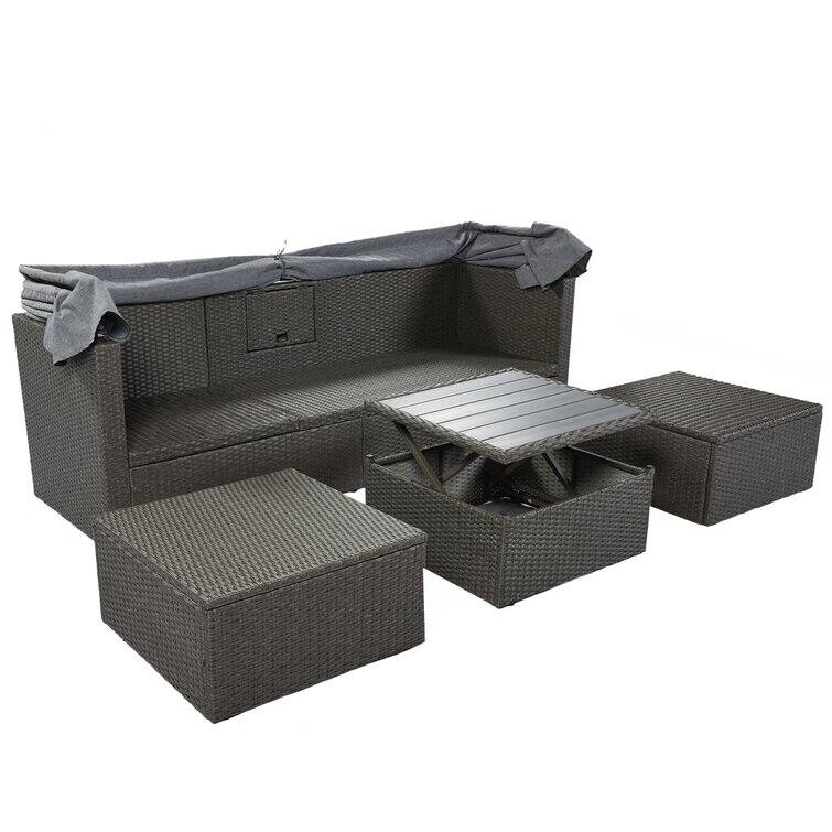 Outdoor Patio Rectangle Daybed with Retractable Canopy with Cushions