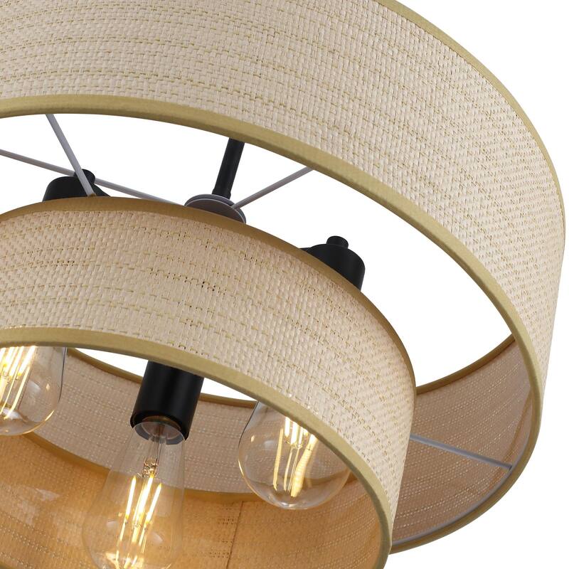 3-Light Bohemian Style Large Handwoven Chandelier with Wicker Lampshade - Matte Black