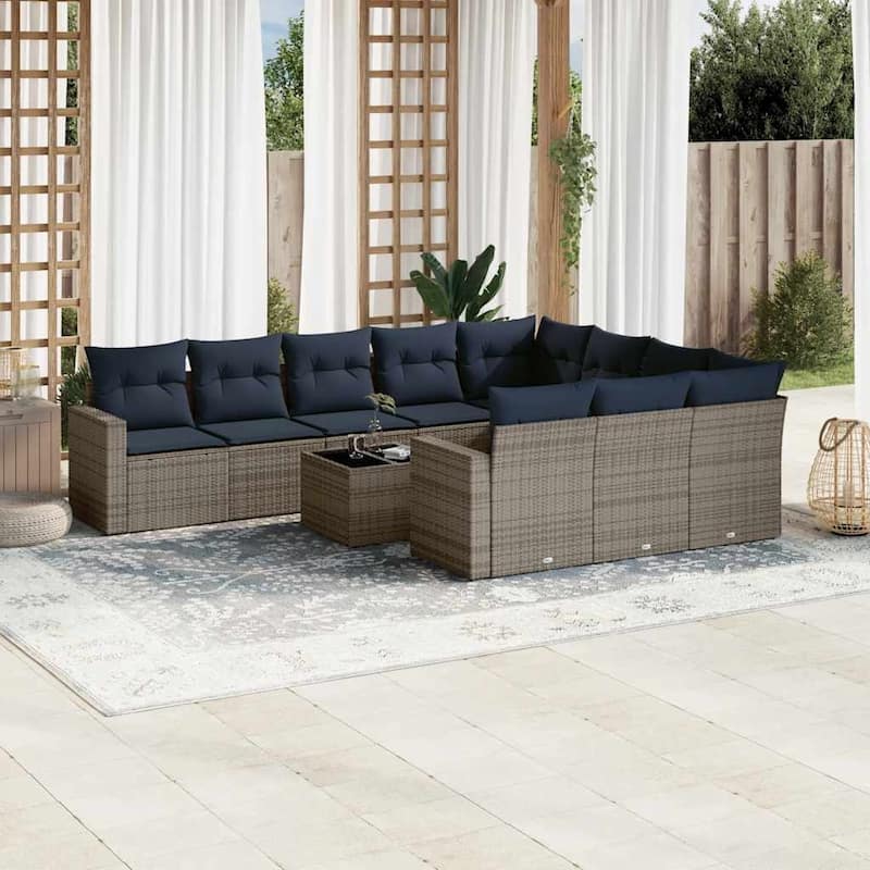 vidaXL 11 Piece Patio Sofa Set with Cushions Poly Rattan (US only) - Grey - 21.7x14.6x21.7