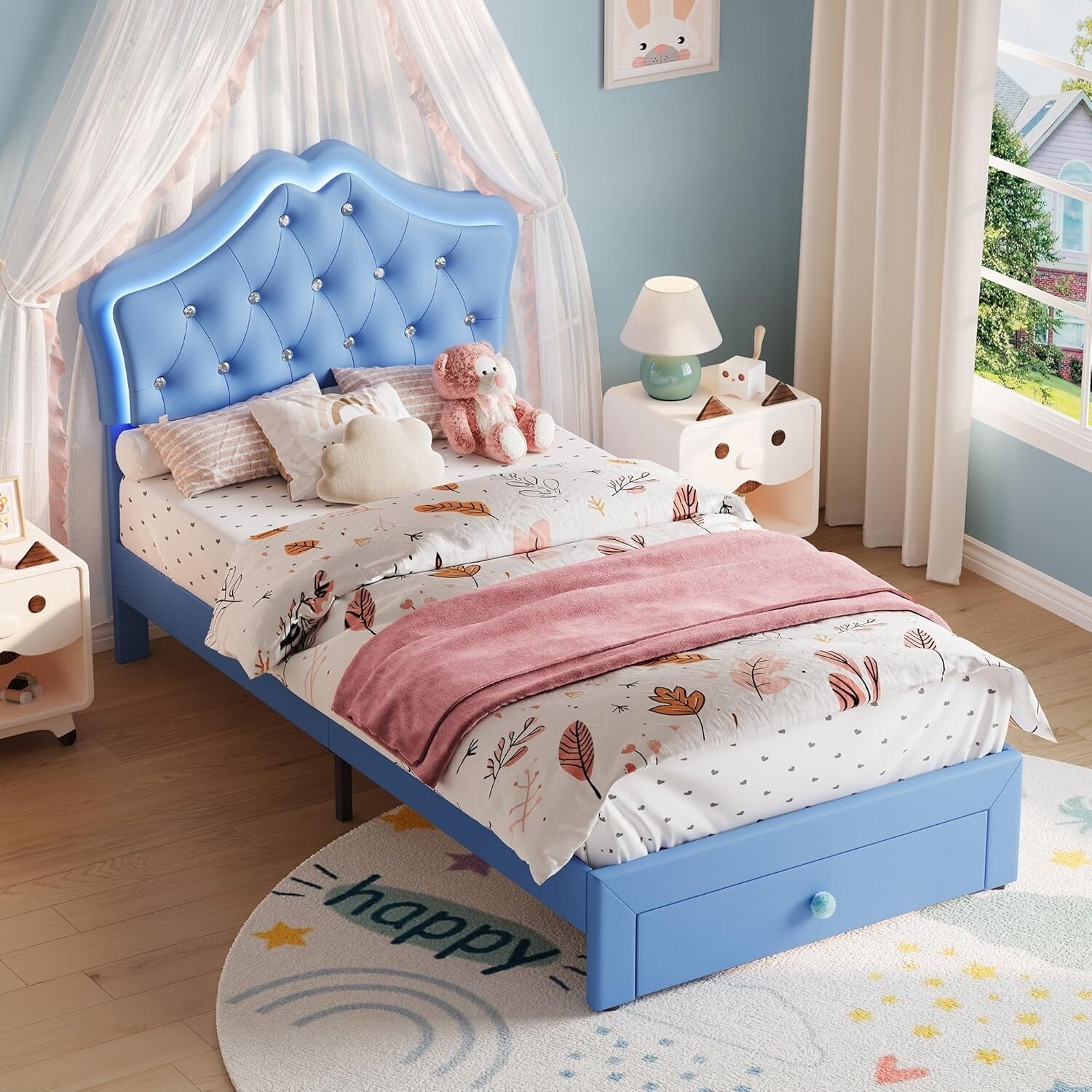 Twin Size Upholstered Bed Frame with LED Lights & Storage Drawer, Faux Leather Platform Bed, Crystal Tufted Headboard