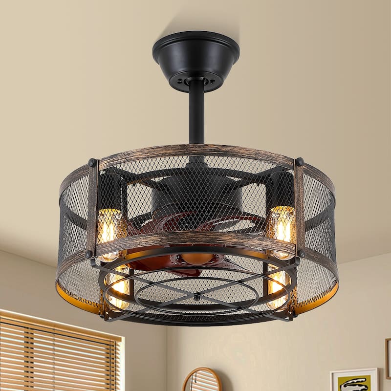18 Inches Caged Ceiling Fan with Light, Black Downrod Ceiling Fans Lights,Chandelier Fans - 18 Inches - Black