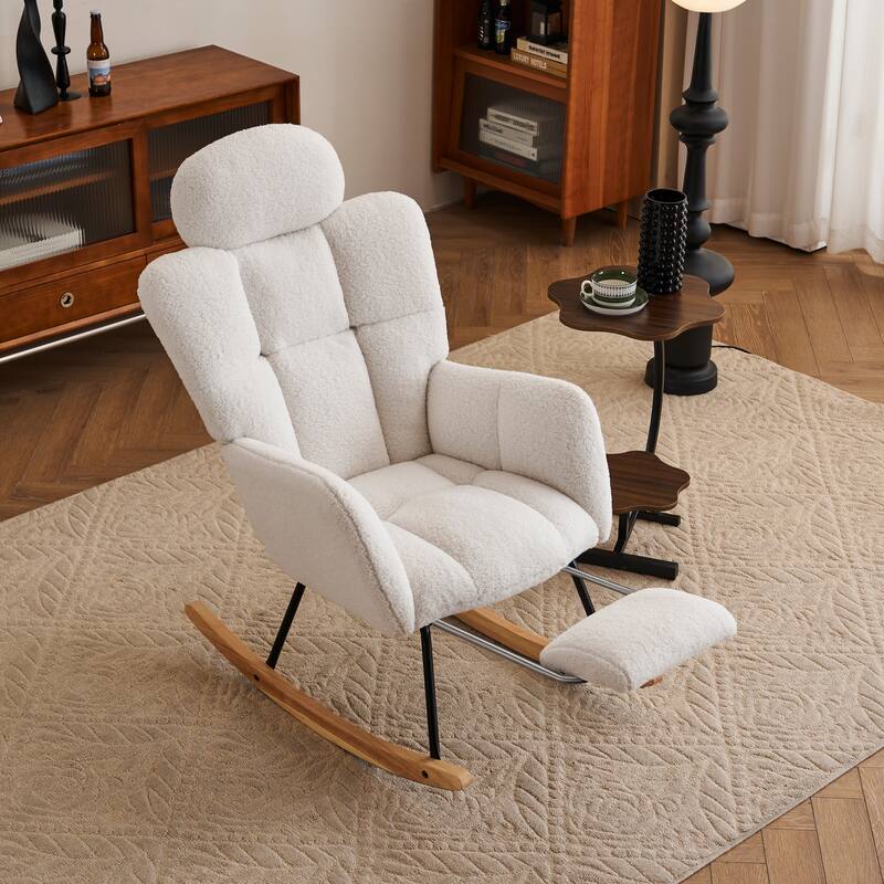 Teddy Fabric Upholstered Rocking Chair with Pillow and Footrest