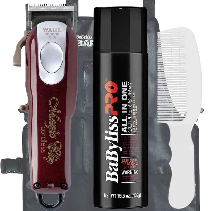 Wahl Professional 5-Star Cord / Cordless Magic Clip 8148 Clipper + Barber Apron + Clipper Spray + Comb - Red