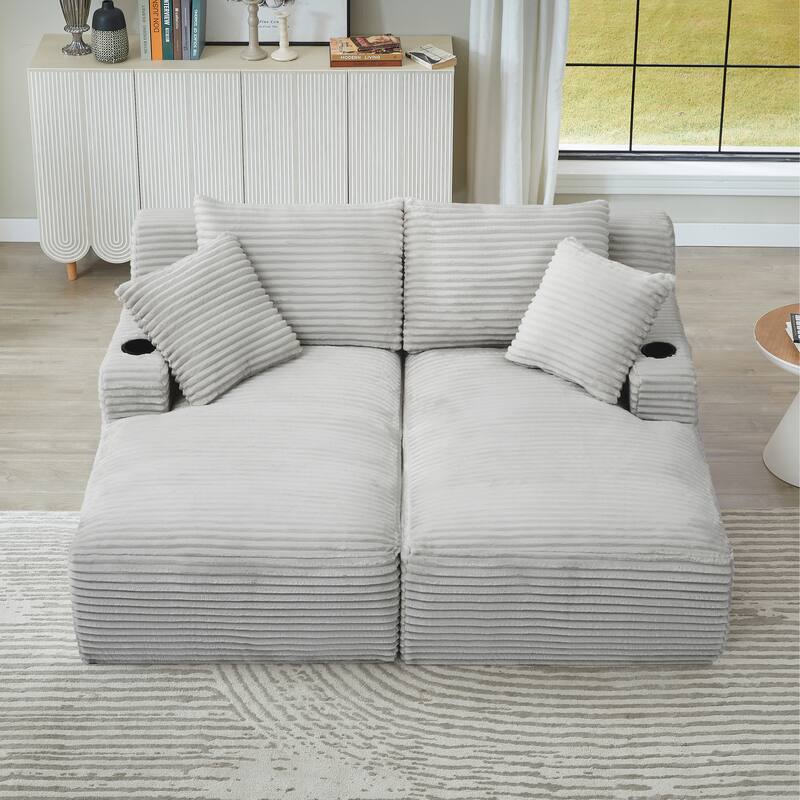 Corduroy Sleeper Sectional Loveseat Sofa, Double Chaise Lounge for Versatility with Cup Holders and Side Pockets