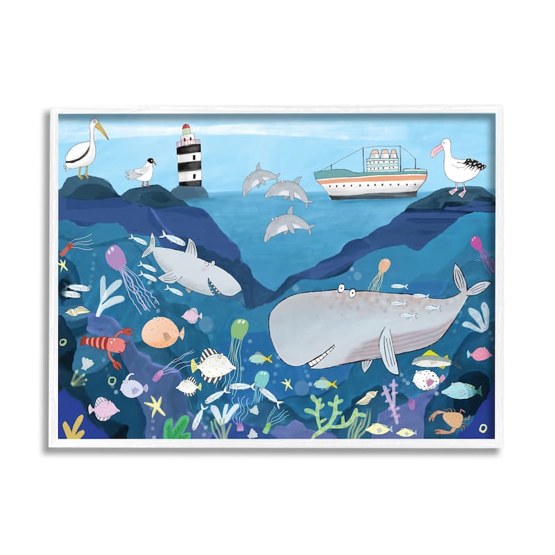 Stupell Underwater Wildlife Kid's Illustration Shark Whale Boat Framed Wall Art