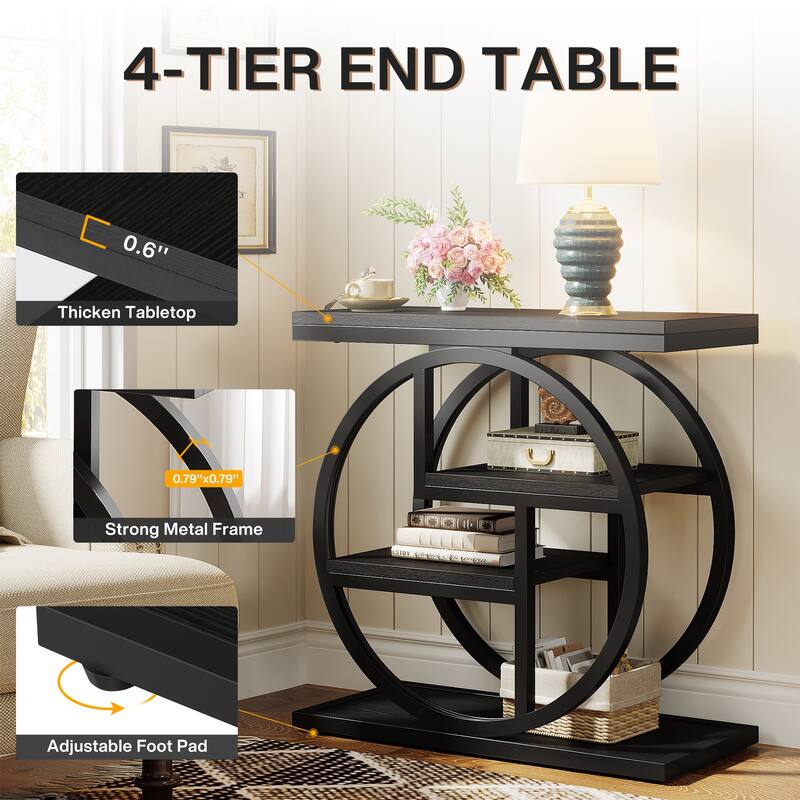 Industrial 4-tier Wood Narrow Side End Table with Storage Shelves