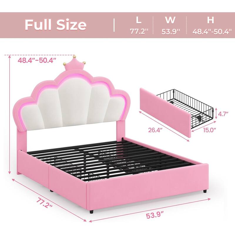 Bed Frame LED Lights Girls Bed Princess Crown Velvet Upholstered Platform Bed