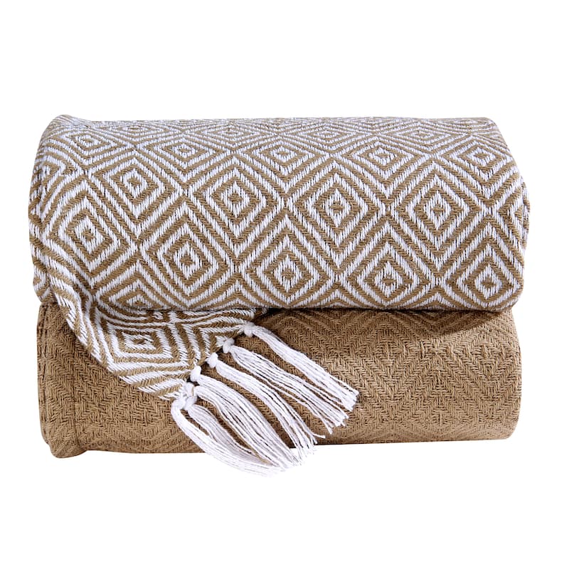 Luxurious 100-percent Cotton All Season Soft Throw Blanket (Set of 2) - BEIGE