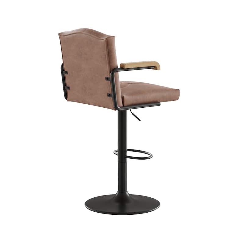 Javlergo 2-Piece & 4-Piece Adjustable Height Bar Chairs Brown PU Leather with Wave Pattern Armrests Black Base with Arc Footrest