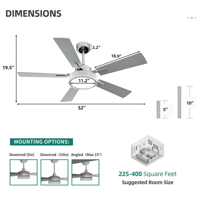 Moasis 52 Inch 5-Blade Crystal Chandelier Ceiling Fans with Lights and Remote Control - 52 Inches