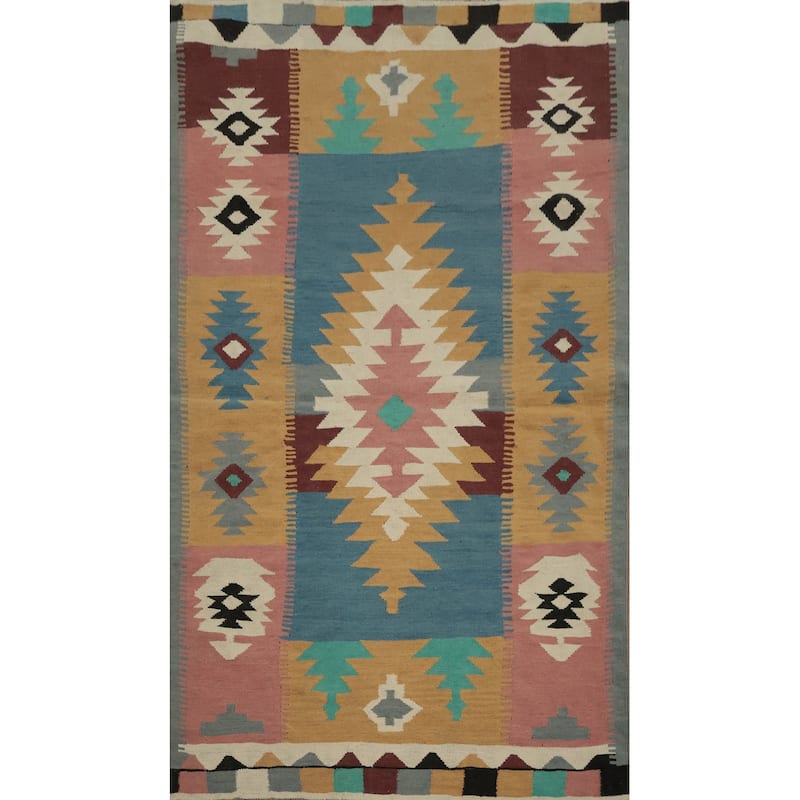 Hand Woven Oriental 100% Wool Carpet Southwestern Tribal Multi-Colored Kilim Area Rug - 7' 0'' X 4' 2''