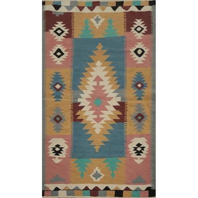 Hand Woven Oriental 100% Wool Carpet Southwestern Tribal Multi-Colored Kilim Area Rug - 7' 0'' X 4' 2''