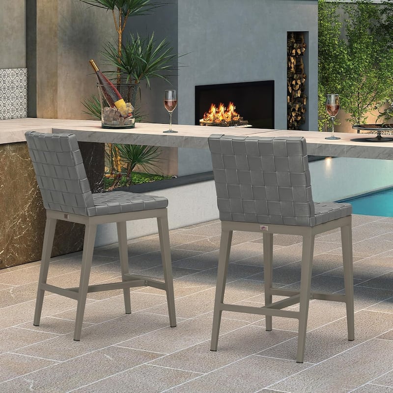 PURPLE LEAF Outdoor Counter Height Bar Stools Set of 2, PU Leather Patio Bar Set with Aluminum Frame - N/A - Counter Height-Grey