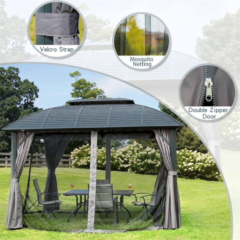 GDFStudio - Highland Crest Hardtop Gazebo Pavilion with Double Roof, Curtains & Netting for Outdoor Living Spaces