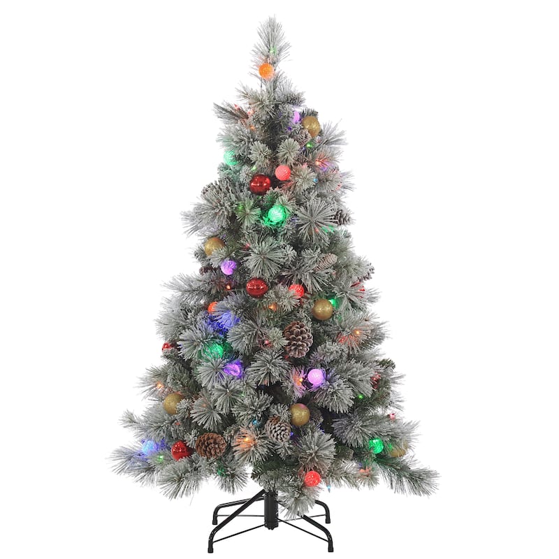 4.5 Foot Pre Lit Flocked Hard Needle Pine with Ornaments - N/A