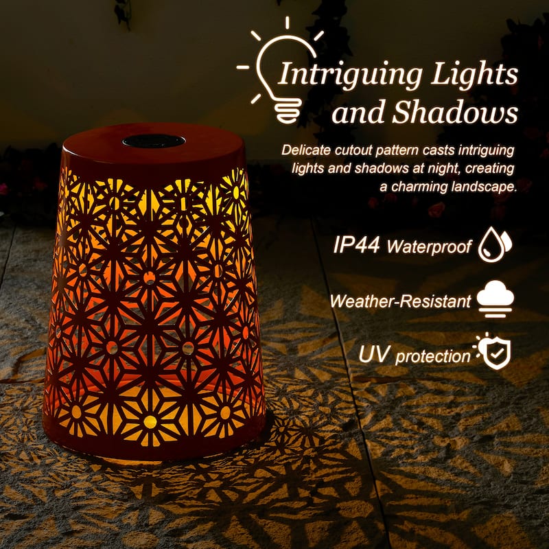 Glitzhome 17.5"H Set of 2 Cutout Geometric Pattern Solar Powdered LED Light Garden Stool
