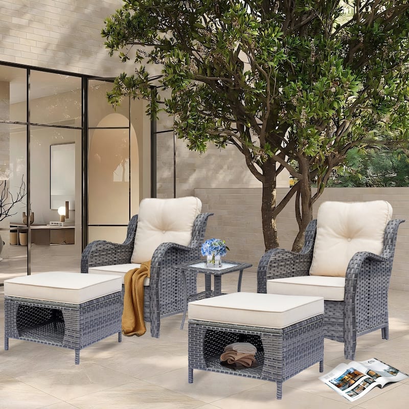 5 Piece Outdoor Wicker Patio Conversation Chair with Ottoman Set - Beige-Gray Rattan