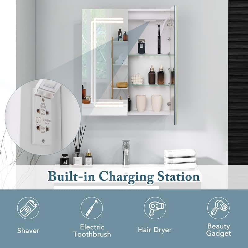 White Wall Mounted Mirror Medicine Cabinet with Lights Defog Function and Glass Shelves Power Outlets - 23.5" x 27.5" x 5"