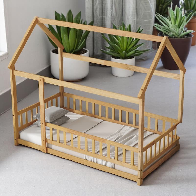 Twin / Full Size Wooden House Bed with Fence and Roof bed Frame, Montessori Style Floor Bed for Kids