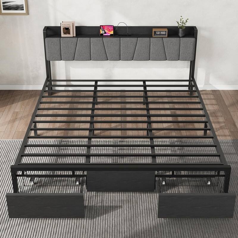 Platform Bed with Charging Station, Storage Drawers