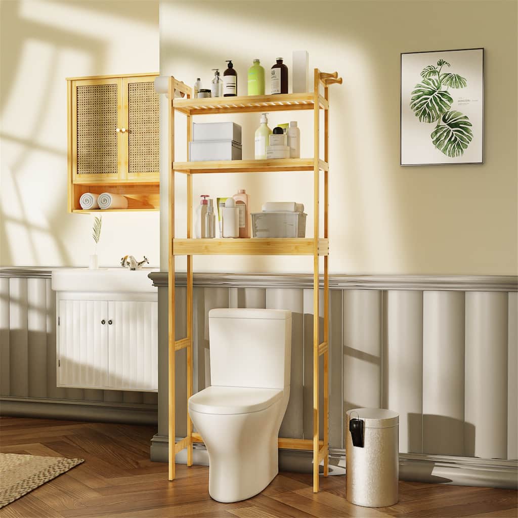 Over Toilet Shelf Space-saving Bamboo Bathroom Cabinet Rack Adjustable