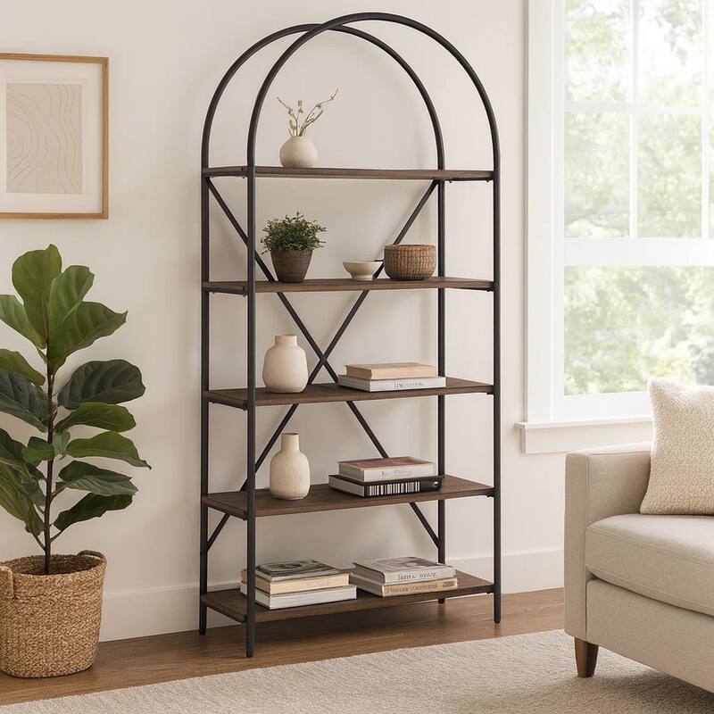 Tubular Framed Bookcase with 5 open Shelves, Brown and Black