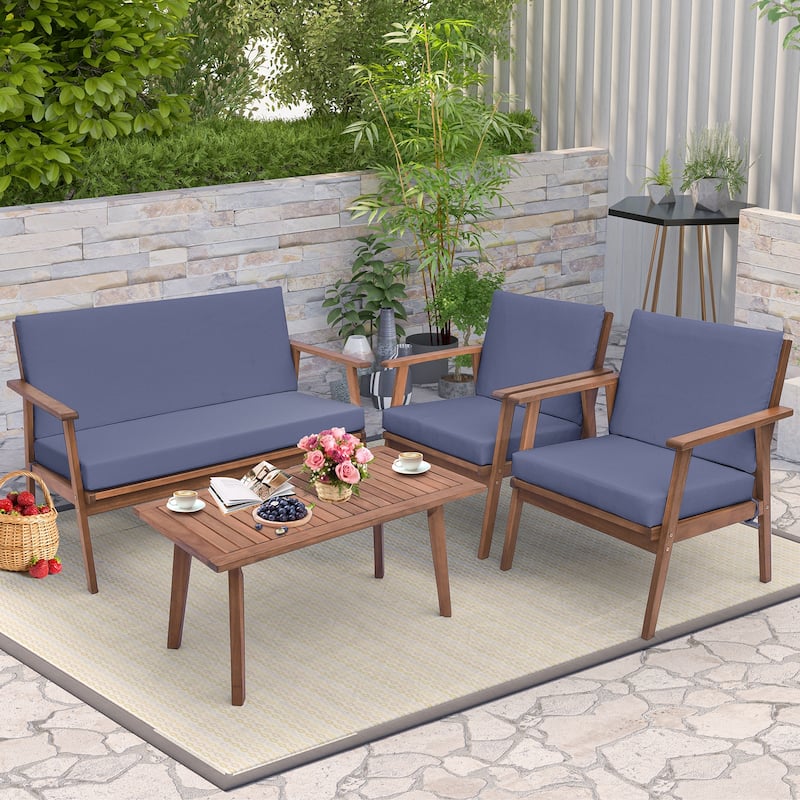 4 Piece Outdoor Acacia Wood Conversation Set with Soft Seat and Back Cushions - 26.5" x 27" x 32"