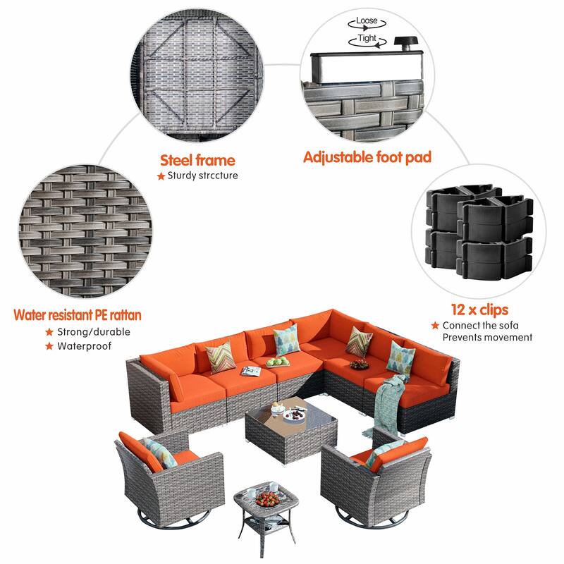 OVIOS Deep Seat Wicker 10-piece Sectional Set Swivel Chairs With Glass Top Coffee Table