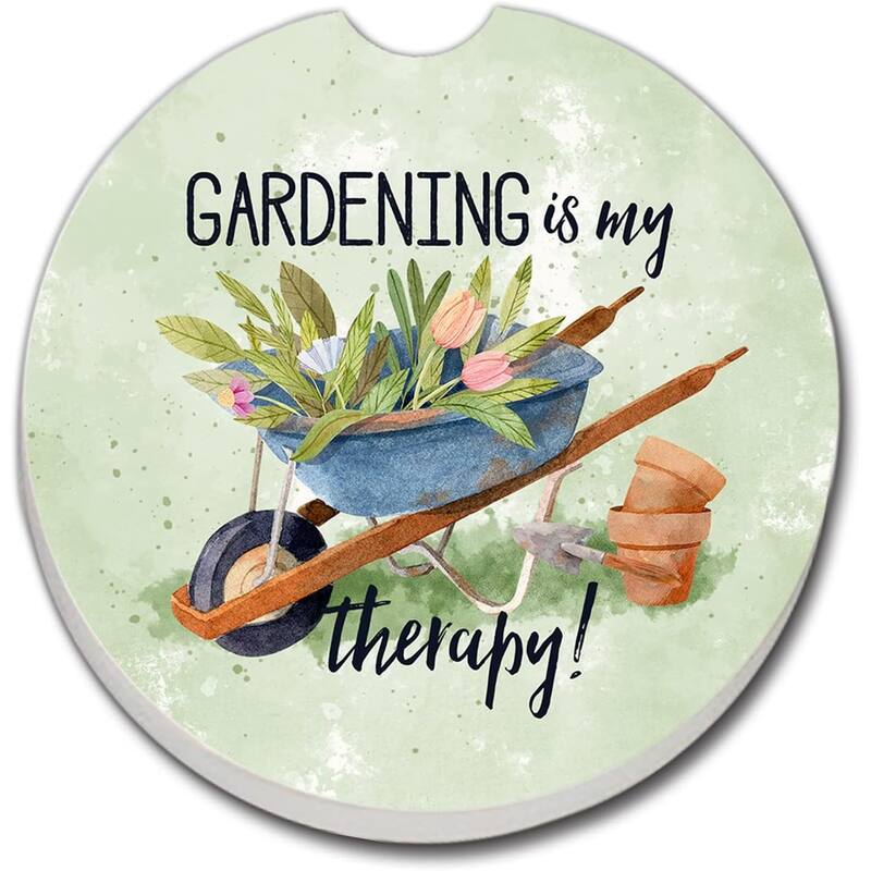 Absorbent Stoneware Car Coaster, Gardening is My Therapy, Set of 2 - Multi
