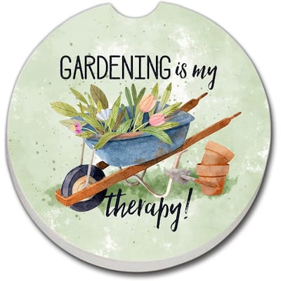 Absorbent Stoneware Car Coaster, Gardening is My Therapy, Set of 2