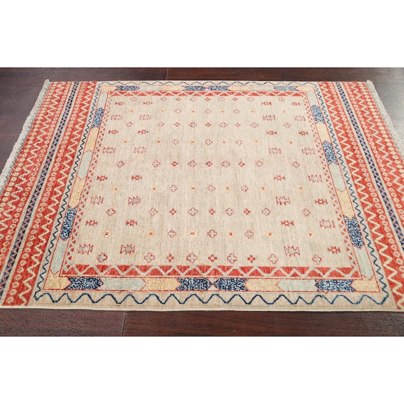 Vegetable Dye Tribal Geometric Kazak Area Rug Hand-knotted Wool Carpet - 4'0" x 5'7"