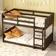 preview thumbnail 1 of 21, Low Twin Over Twin Size Bed Floor Bunk Bed with Panelled Headboard Footboard, Ladder and Guardrails, Solid Rubber Wood Frame Antique Dark Oak - Twin