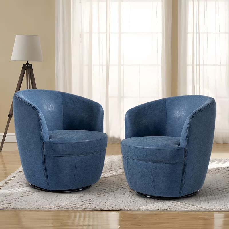 2 Set Faux Leather Club Swivel Barrel Accent Chair