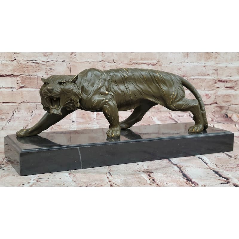 Roaring Bronze Tiger Sculpture On Marble Base – Wildlife Art