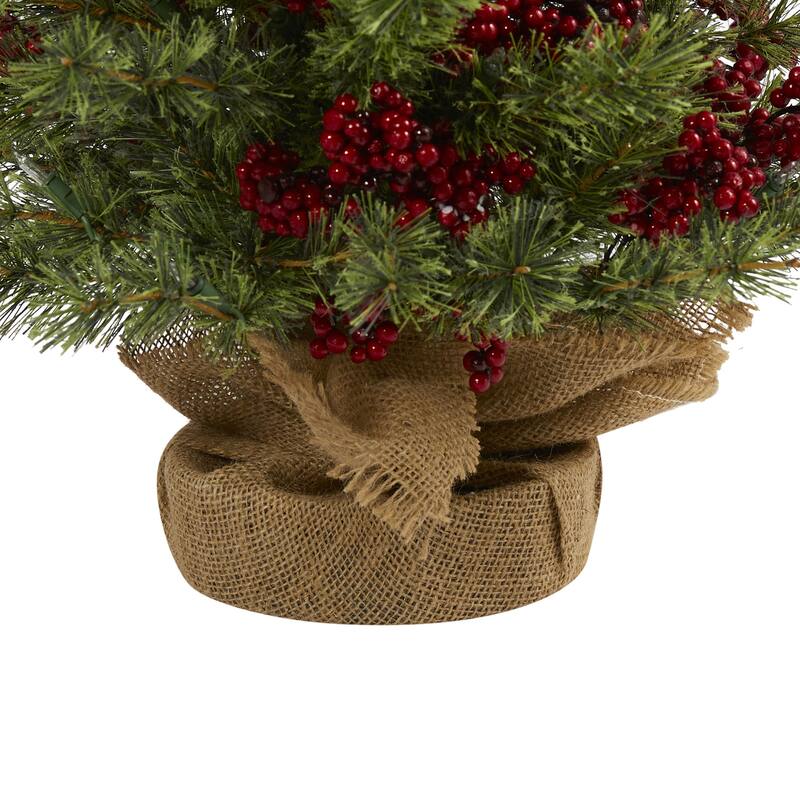4Ft Artificial Christmas Tree with Lights - Berry & Pine Holiday Decor, Warm White LED, Burlap Base - Green - 48