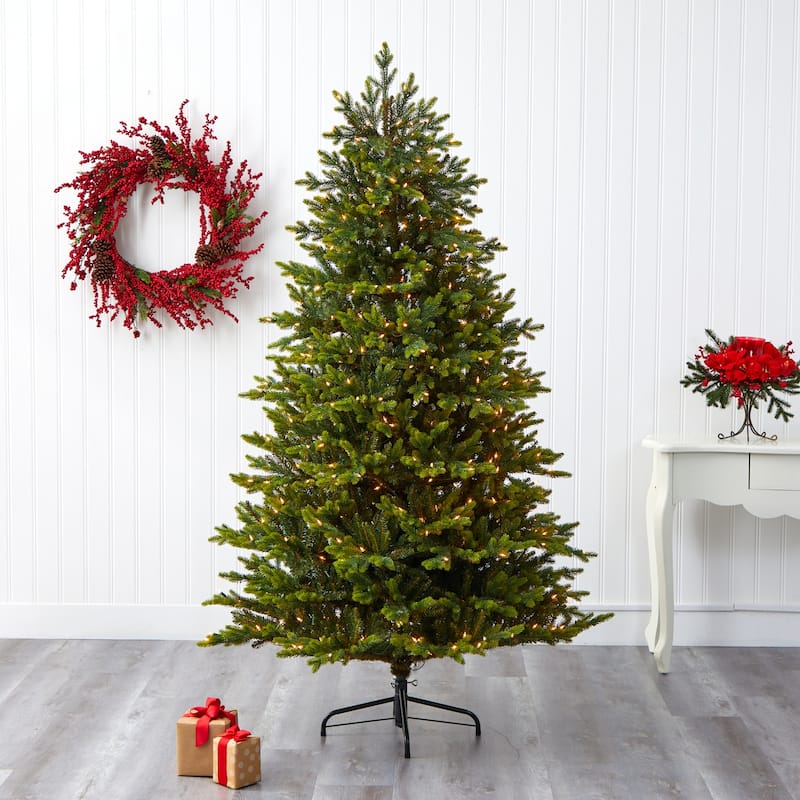 7ft Artificial Christmas Tree with Lights - Holiday Decor, Realistic Fir Tree, Pre-Lit Christmas Tree - Green - 84