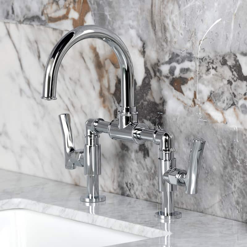 Kingston Brass Hallerbos Two-Handle 4-Hole Deck Mount Bridge Bathroom Faucet with Brass Pop-Up Drain