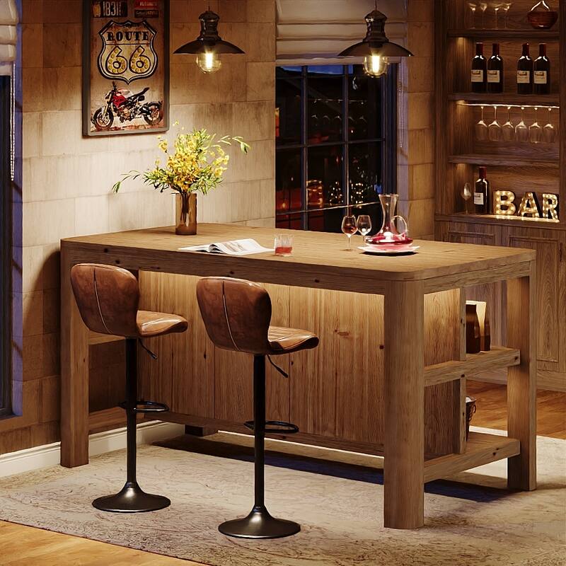 63 Inch Solid Wood Kitchen Island Table with Storage Shelves