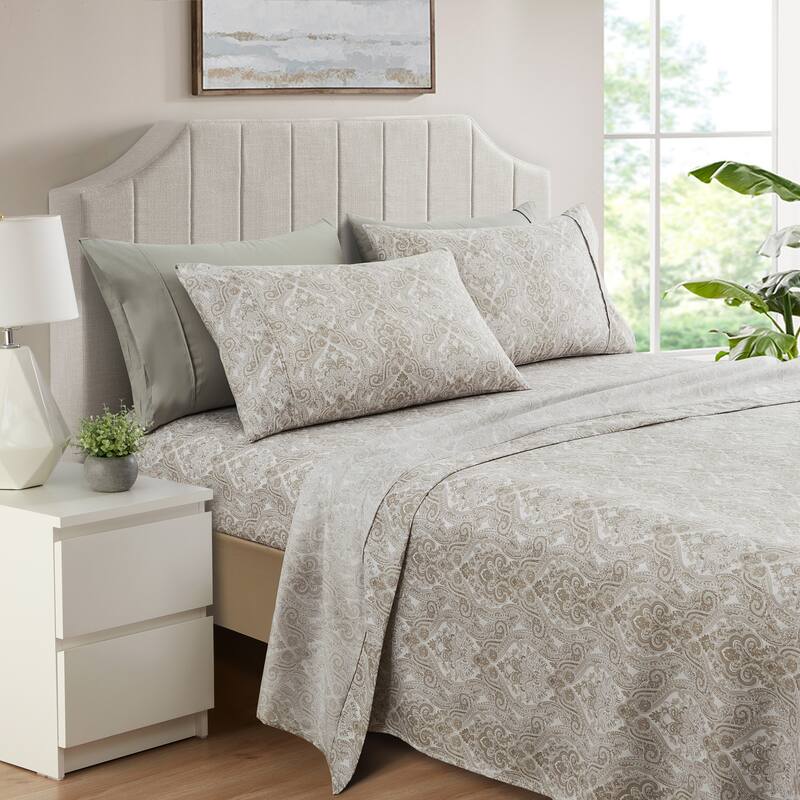 SL SPIRIT LINEN HOME EST. 1988 Paisley 6pc Sheet Set - Microfiber 90GSM - Full - Light Grey